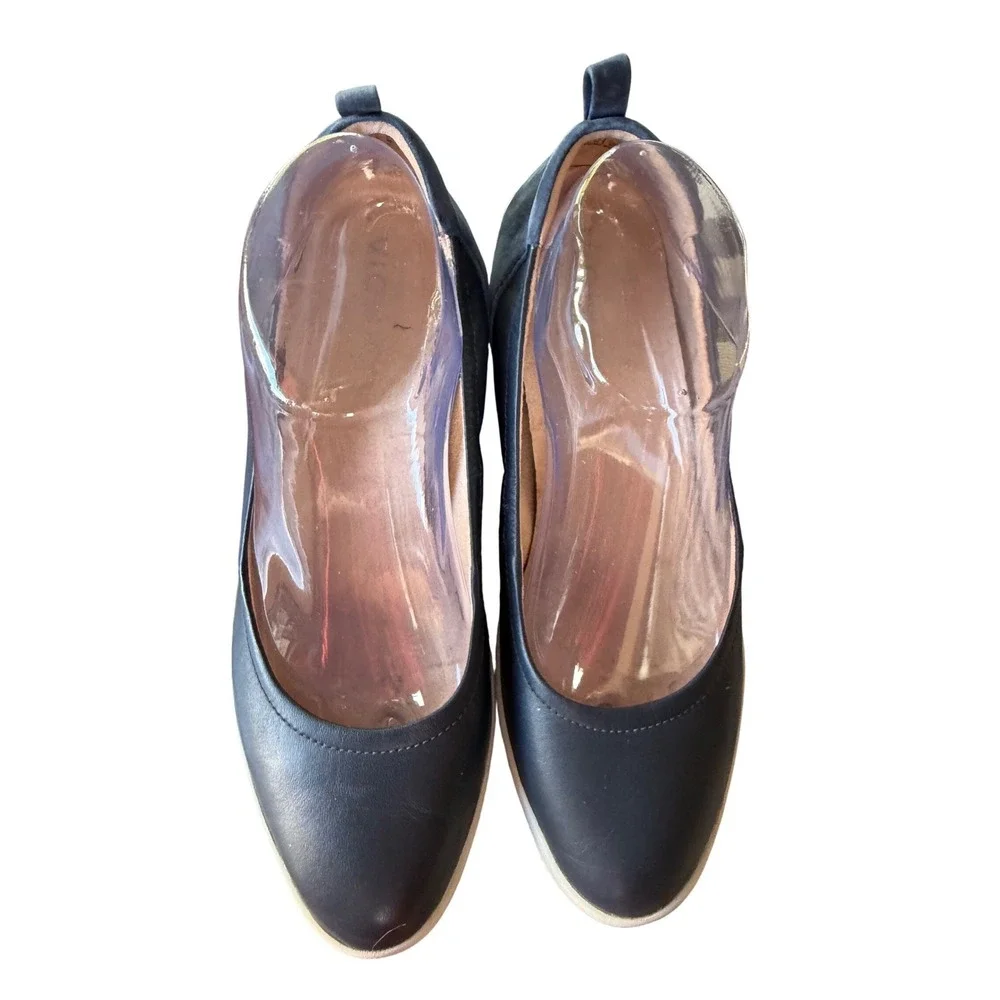 Vionic Jaycey Navy Blue Leather Slip‎ On wedge Orthotic Comfort Shoes pump Sz.7